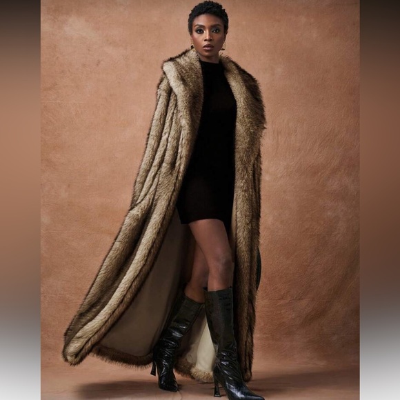 Vintage Style Luxury Faux Fur longline Coat Chocolate Brown tan - Picture 9 of 11